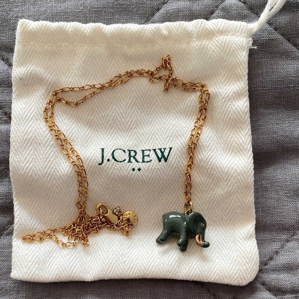 J. Crew Gold Necklace with Gray Elephant Pendant and Cloth Bag